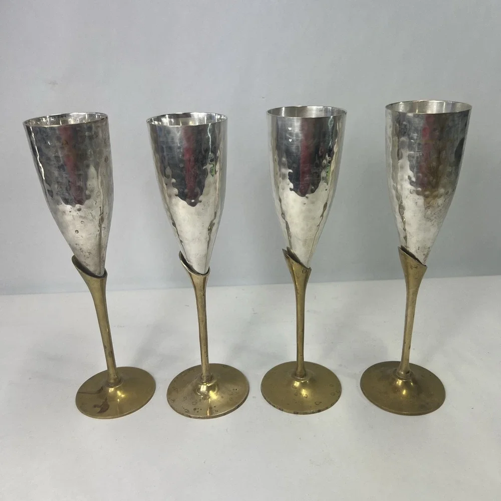 Vintage Art Deco Style Brass & Silverplate Champagne Flute.‎ Set Of 4. Heavy.